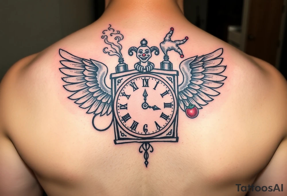 jack in the box tattoo with the box as a clock, the time 420, two open wings besides the clock, smoke as the spring rising from the clock, a jester clown coming out the smoke, smoking in one hand with a liquor bottle on the other hand tattoo idea