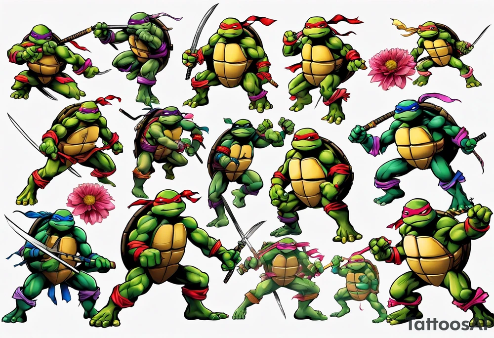 teenage mutant ninja turtles fighting in a city with floral accents tattoo idea