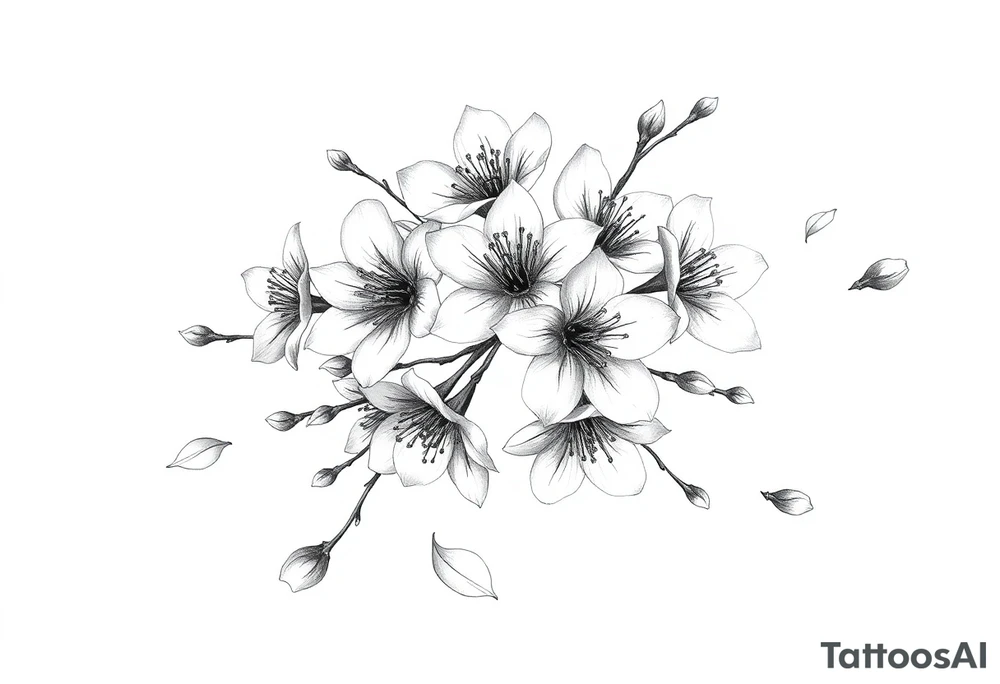 delicate cherry blossoms swirling in spring breeze with petals tattoo idea
