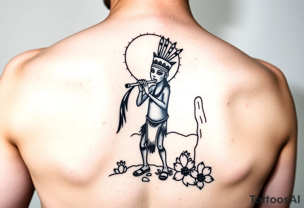 tribal Kokopelli playing flute in desert scene in front of a cactus with sun in the air tattoo idea