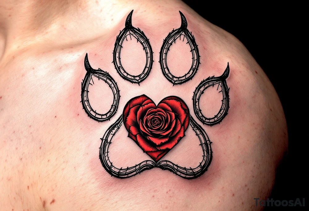 A detailed paw print with a heart-shaped hole in the center, filled with a deep red rose, showcasing love and protection. tattoo idea