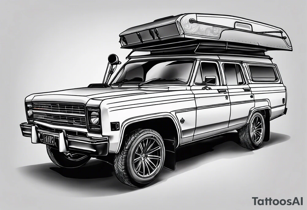 Car with a rooftent and add a citation in aboriginal Australian words in reference of the time. tattoo idea
