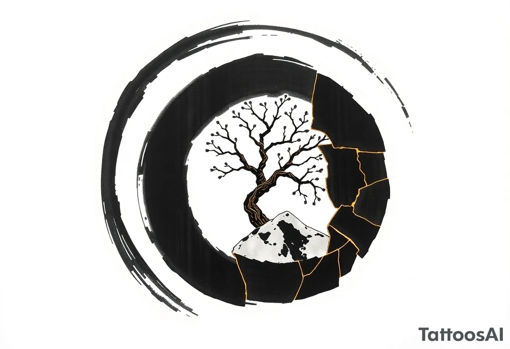 thick Zen ensō circle, drawn with a bold, hand‑painted black ink brushstroke. The circle is imperfect and organic, with visible texture and subtle variation in line thickness. About the last quarter of the circle, near the top‑right, transforms into a cracked ceramic segment that has been repaired using kintsugi: visible broken pieces outlined and joined by thin, flowing gold lines. There should be a couple big pieces of ceramic and no small ones. The circle and the ceramic part should have the same thickness. The gold seams follow the natural fractures of the ceramic section, creating several branching cracks rather than a single line, clearly distinguishing this repaired portion from the rest of the smooth ink circle. The transition from ink to ceramic should feel natural, as if the painted circle solidifies into a fragile object that has been lovingly mended. The ceramic shall seamlessly flow into a rock from which a tree of life sprouts. Design it as a black and gray tattoo with a subtle metallic gold effect on the kintsugi seams, suitable for a medium‑sized placement on the back of the bicep. tattoo idea