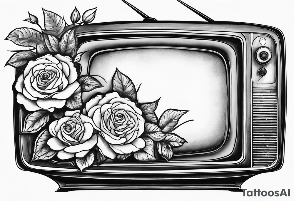 Retro TV with roses and daisys tattoo idea