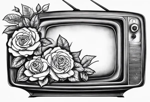 Retro TV with roses and daisys tattoo idea