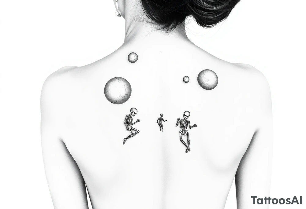 “Dead Orbit”
Theme: Isolation and quiet detachment.
Visual: Planets slowly drifting out of orbit up your spine, cracking and crumbling as they rise. Between them, little skeletal figures float in fetal positions—lost satellites.
Vibe: You’ve been drifting so long, silence feels like home. tattoo idea