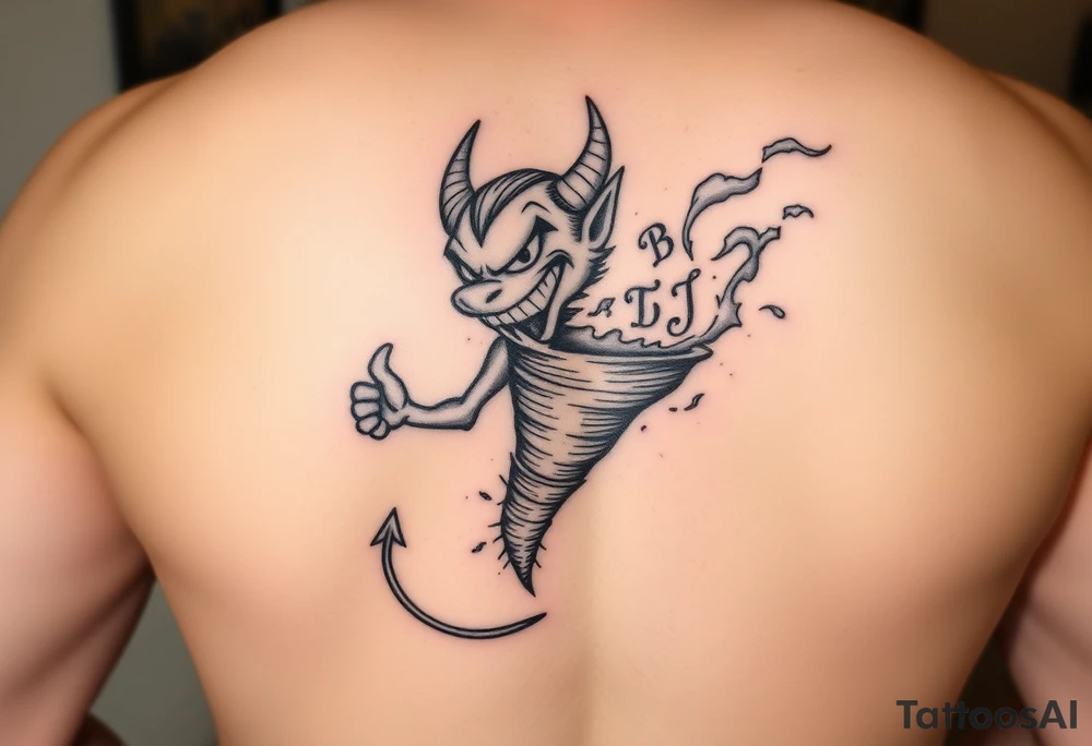 Give me the cartoon tazmanian devil with half his body a tornado and initials floating in the tornado of BD, TD, LJ, MA,HE tattoo idea