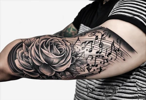 upper arm sleeve with musical notes and lyrics from the song Everlong tattoo idea