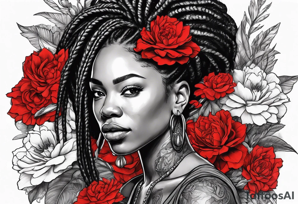 Black woman with locs and flowers with red dragon tattoo idea