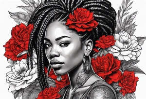 Black woman with locs and flowers with red dragon tattoo idea