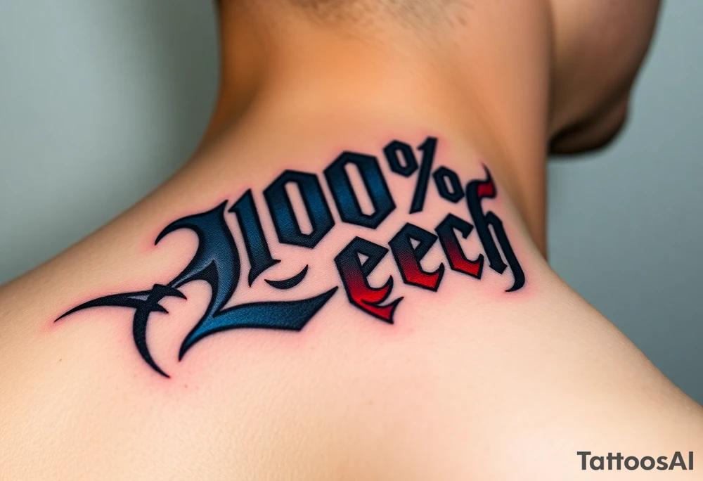 "100% Čech" in bold Gothic script, infused with dynamic blue and red flame details tattoo idea