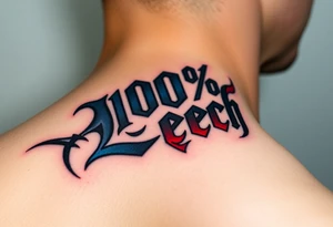 "100% Čech" in bold Gothic script, infused with dynamic blue and red flame details tattoo idea