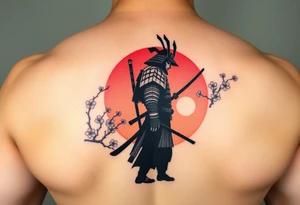 noble samurai warrior silhouette at sunset with cherry blossoms tattoo idea