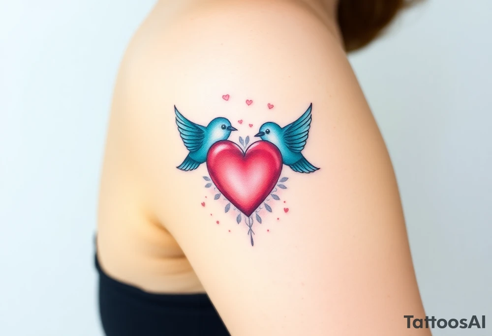 dainty sacred heart with two birds tattoo idea