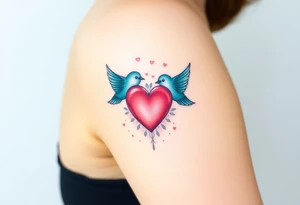 dainty sacred heart with two birds tattoo idea