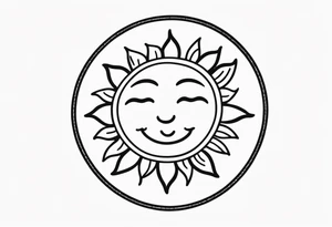 tiny simple sun. a circle with simple strings. tiny smiley in the sun. thin lines. tattoo idea