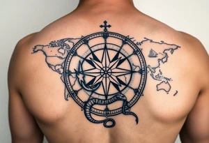 antique compass rose overlaid on weathered world map with sailing ships and a snake tattoo idea
