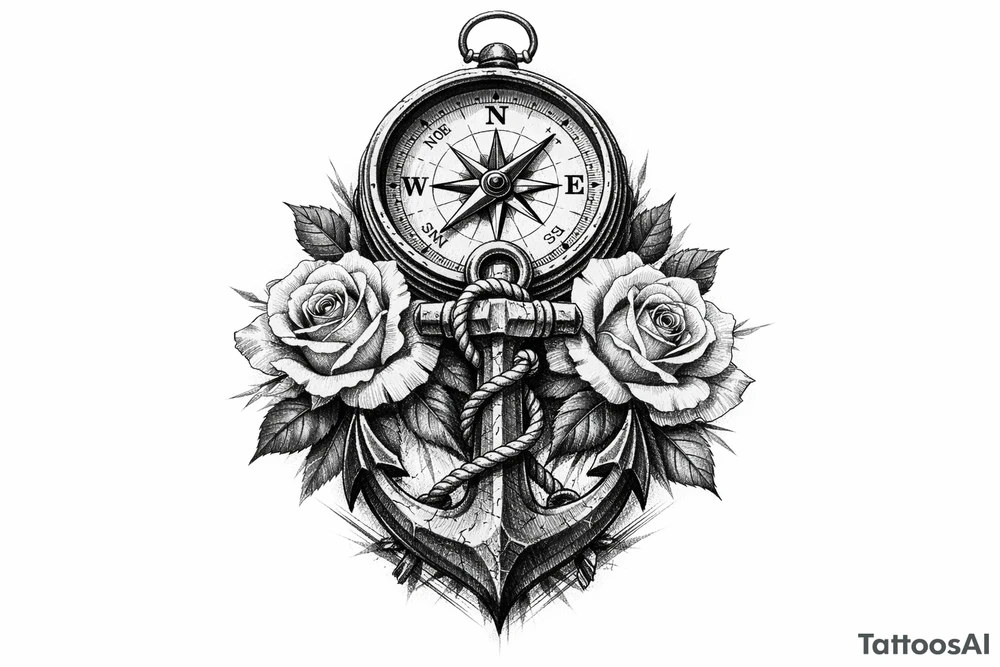a compass under it an anchor, roses. tattoo idea