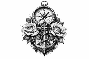 a compass under it an anchor, roses. tattoo idea