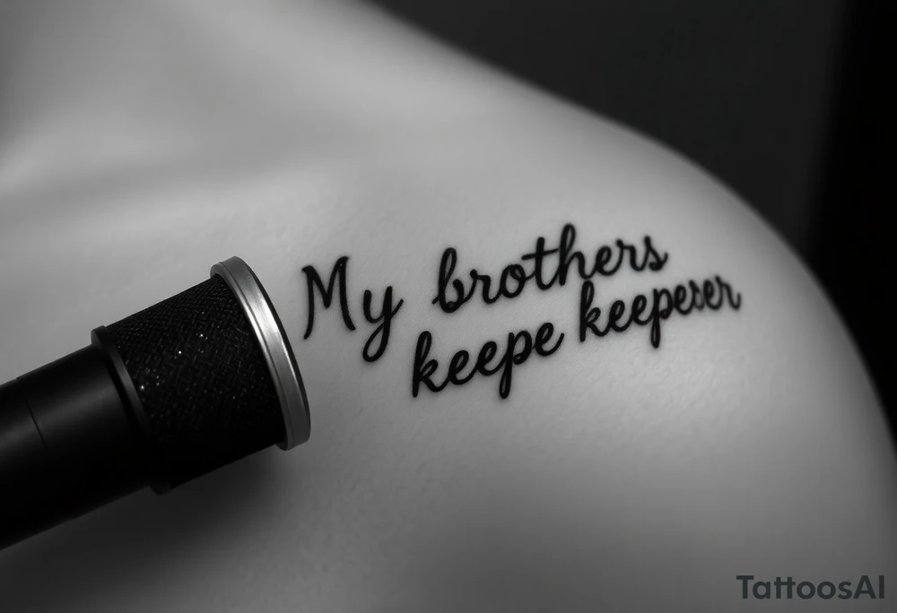 A microphone with the words “My brothers keeper” with the microphone cord looking like it’s actually writing the words . For a female and small tattoo idea
