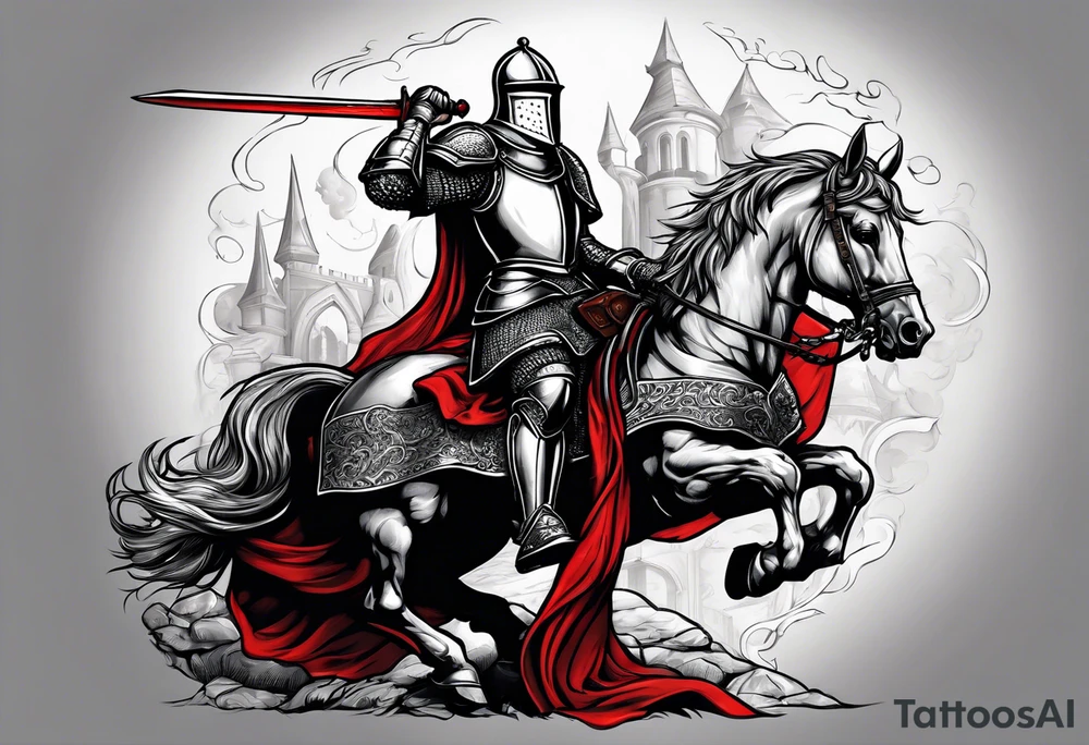 knight holding a bible over his head in combat tattoo idea