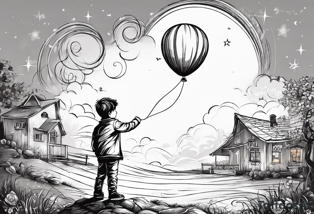 tatoo in sketch style only.
A little boy is holding a string to the hearth shaped small party baloon.
boy should be drawed from behind and has one hand reaching up in 45 degree angle and holding the baloon string
On the string is a wave which look like a hearbeat pulse.
draw it without any scenery, without any background. Just a boy 
Add heartbeat pulse on the string tattoo idea