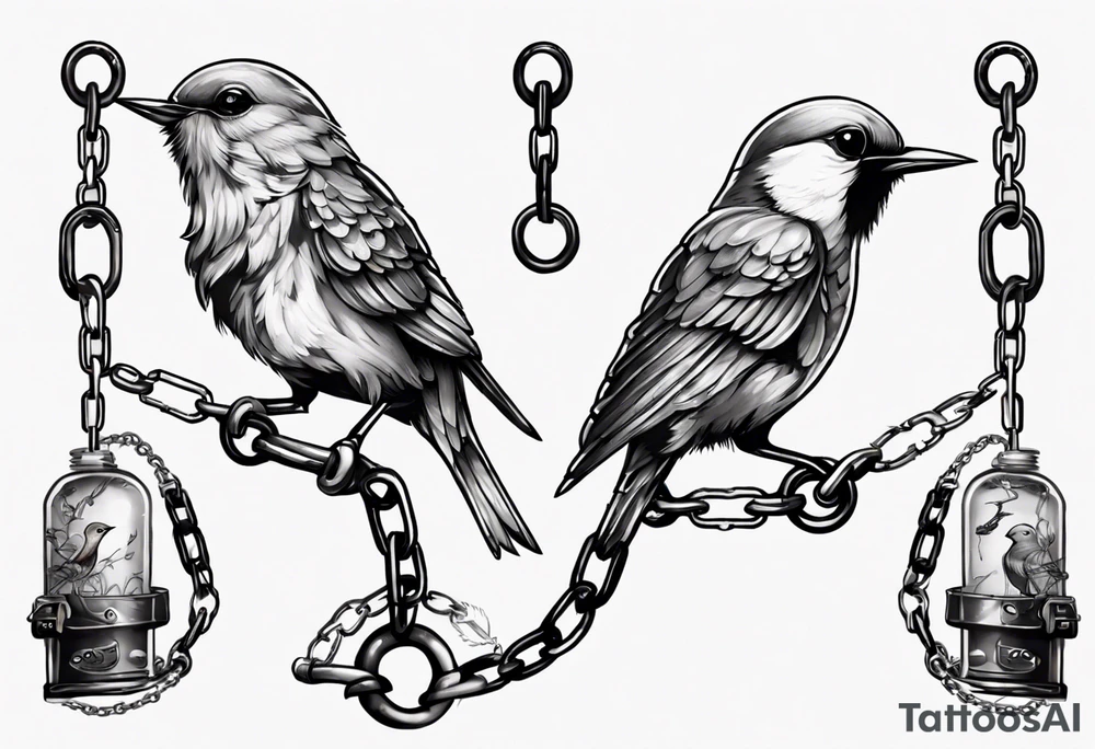 A songbird with no head, shackle and chain on leg tattoo idea