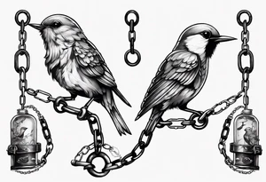 A songbird with no head, shackle and chain on leg tattoo idea
