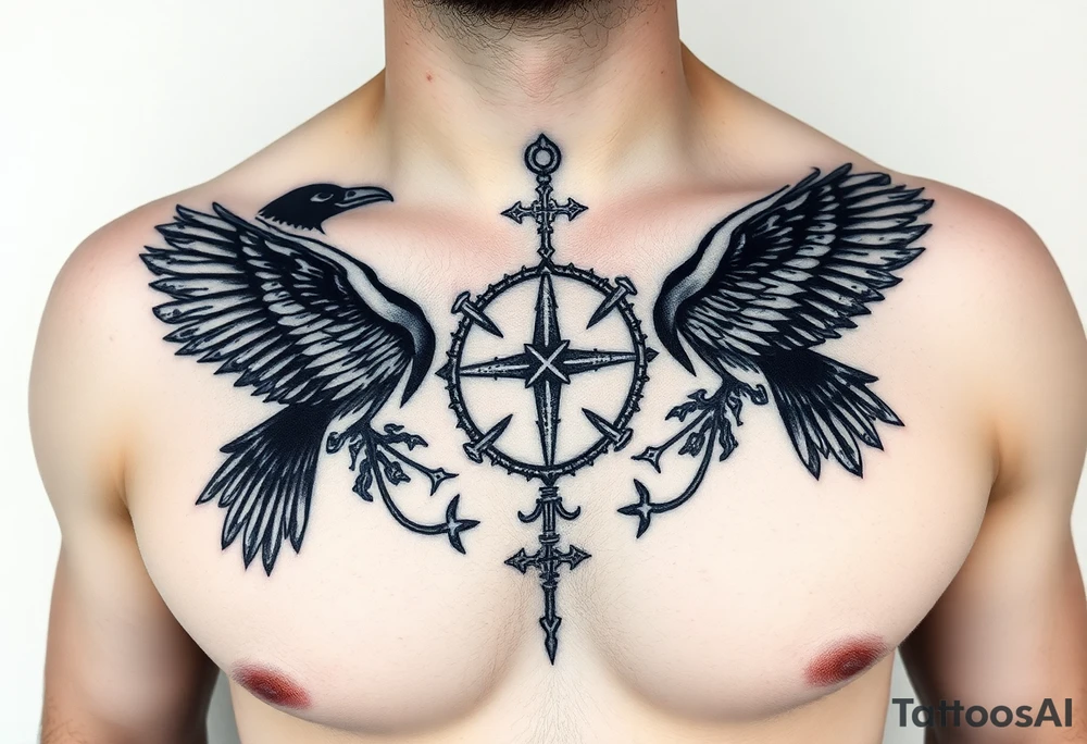 Chest tattoo, two ravens and icelandic symbols, dark brest tattoo tattoo idea