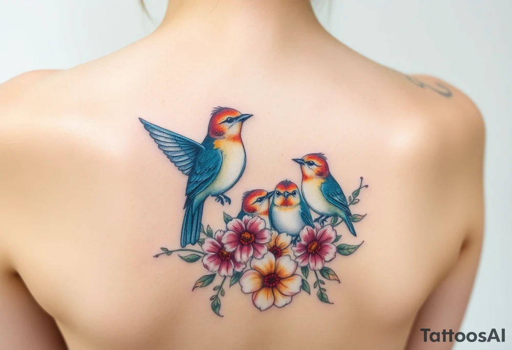 Mom bird and three baby birds with flowers tattoo idea