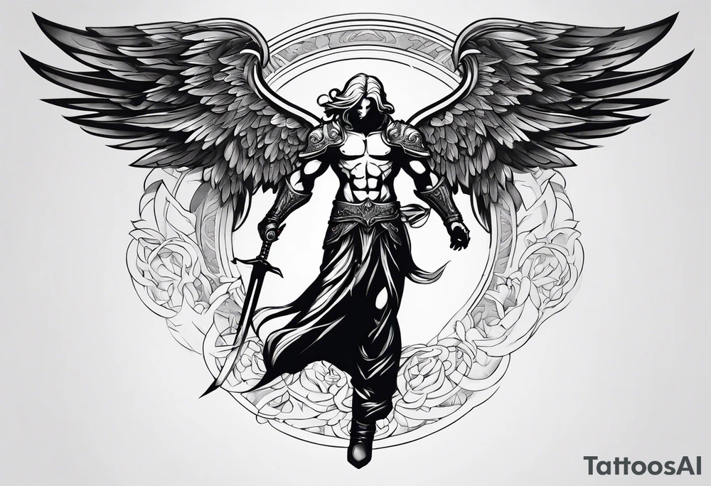 Arch angel fighting sword male full body heavenly tattoo idea