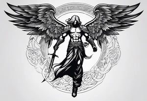 Arch angel fighting sword male full body heavenly tattoo idea