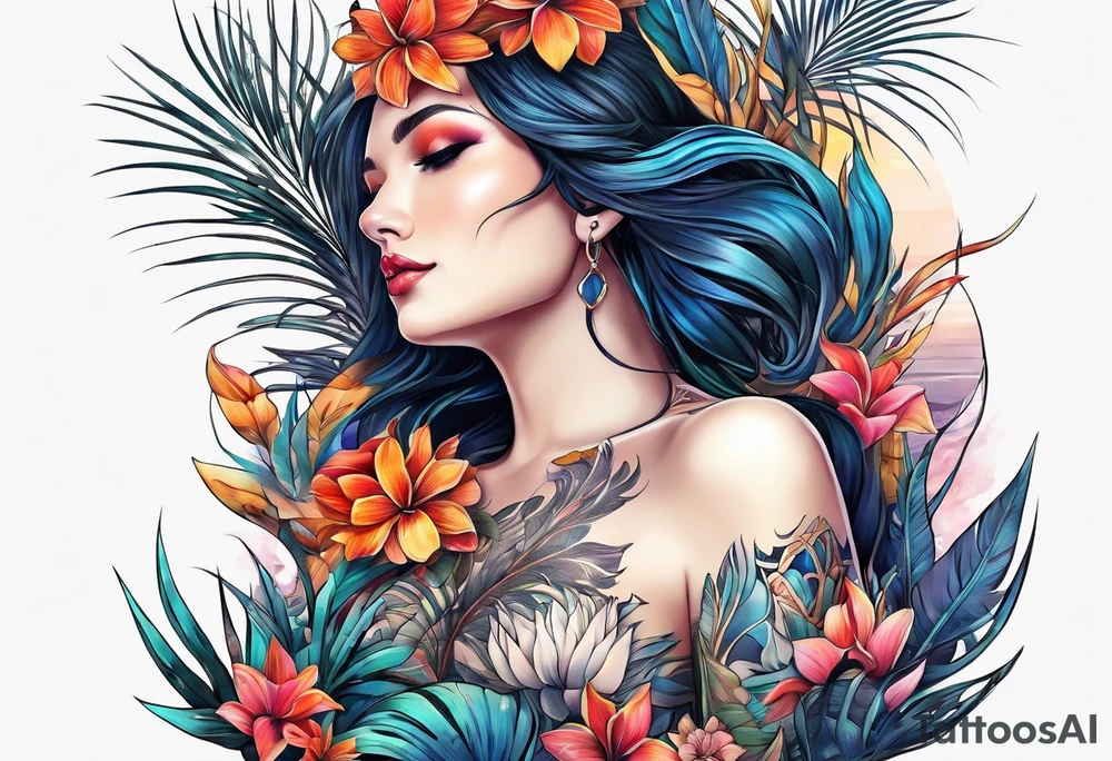 sea,, night, flower, palm, tattoo idea