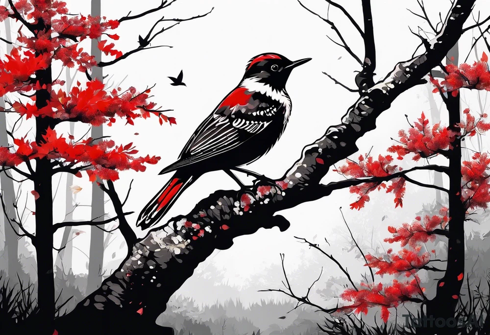 trash polka style. Arm tattoo. Long tattoo. Full sleeve. Shoulder. A single large maple tree with red autumn leaves that branches upwards from wrist to shoulder. White-throated dipper bird on the trees branches. Calluna flowers at the base of the trees stem. Tree stem has dark colors. Red/yellow sunset behind the trees stem. Leaves falling. tattoo idea