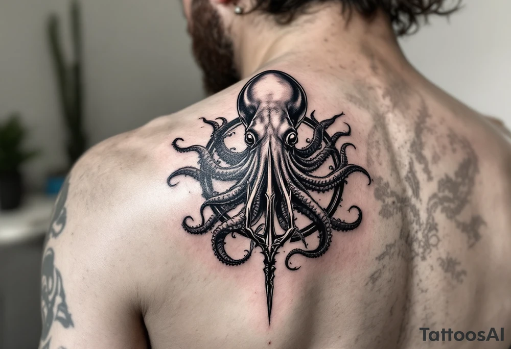 giant squid around a trident tattoo idea