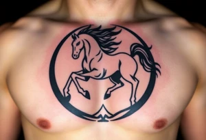 A golden mustang horse with black hair and legs in a circle where the mountain or nature is its contour to accompany the animal in full movement, running like a soul leading the devil. tattoo idea