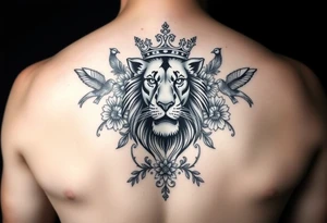 powerful majestic lion with a crown, surrounded by floral ornaments and birds tattoo idea