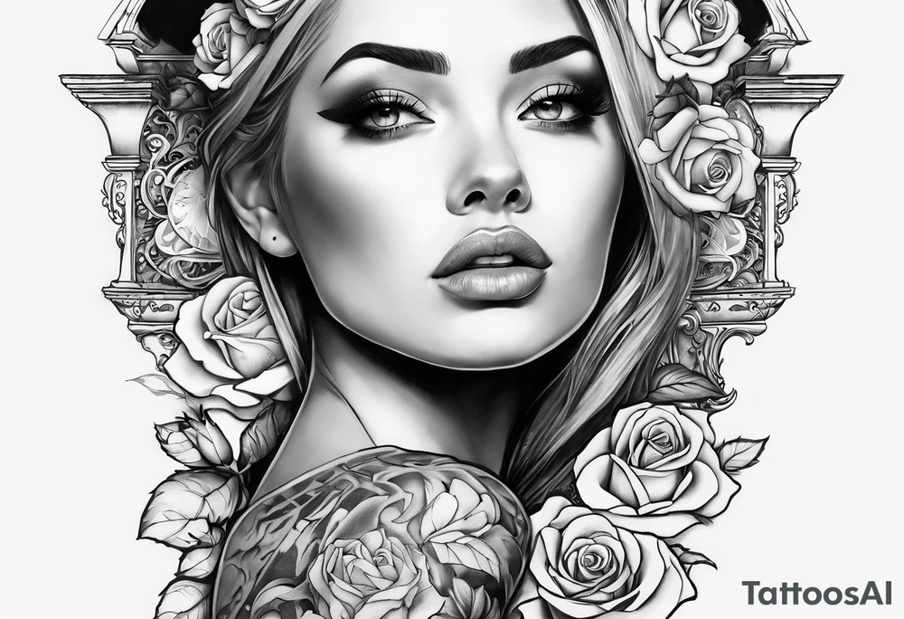 fool sleeve,, abandoned old gotic house, broken sword, roses, tattoo idea