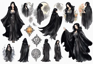 a 50-year-old black-haired woman dressed in a black cloak with a silver brooch tattoo idea