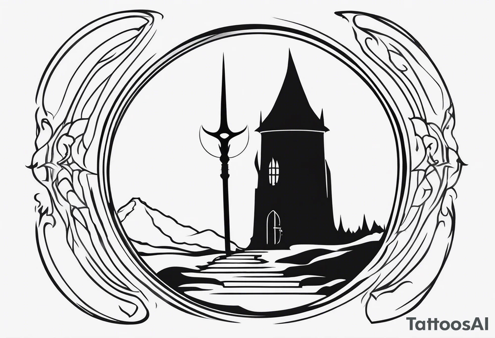 Lord of the rings. Small and very simple. Include Round hobbit door, gandalfs staff, barad dur silhouette in background, Harry Potter wands tattoo idea