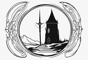 Lord of the rings. Small and very simple. Include Round hobbit door, gandalfs staff, barad dur silhouette in background, Harry Potter wands tattoo idea