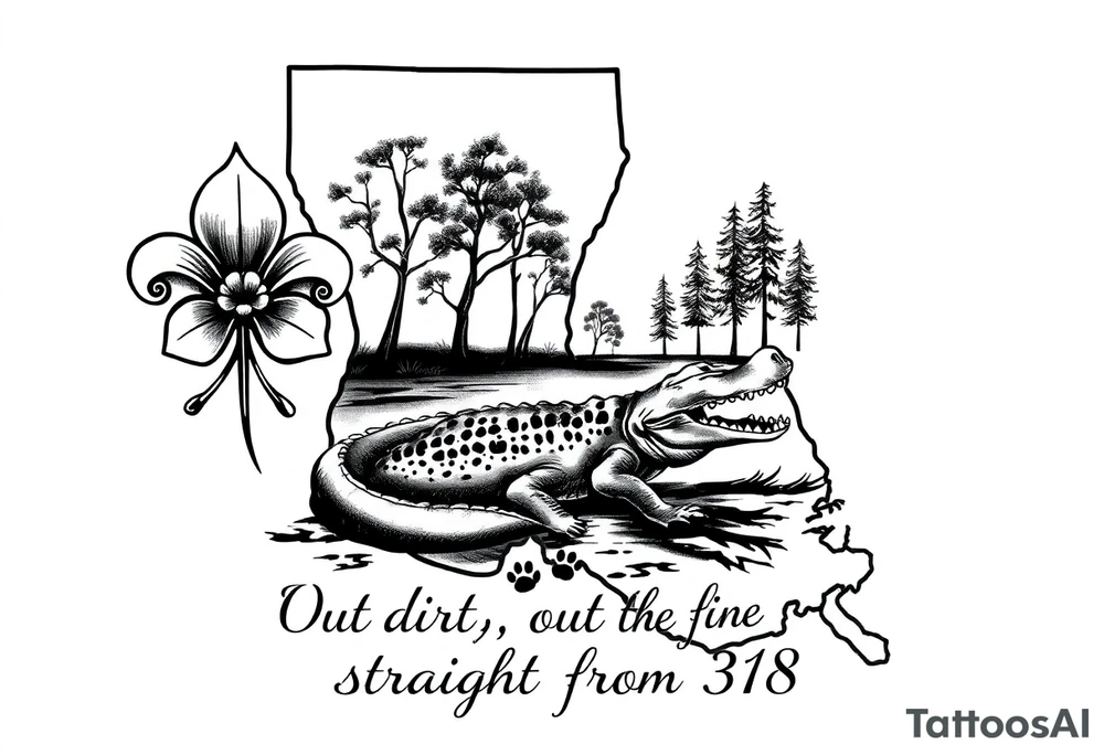 Louisiana state outline with fleur-de-lis, a bayou with a gator and trees , the 318 area code and and quote that says  Out the dirt, out the water, straight from 318 tattoo idea