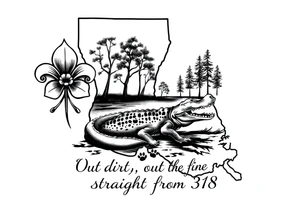 Louisiana state outline with fleur-de-lis, a bayou with a gator and trees , the 318 area code and and quote that says  Out the dirt, out the water, straight from 318 tattoo idea