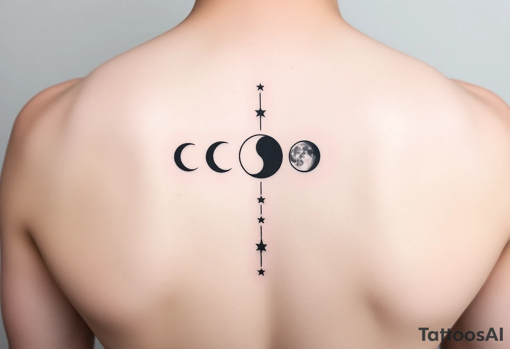 5 moon phases going vertical in this order waxing crescent, third quarter phase, full moon, first quarter phase, third quarter phase with the Capricorn constellation without connecting lines just the stars behind it tattoo idea