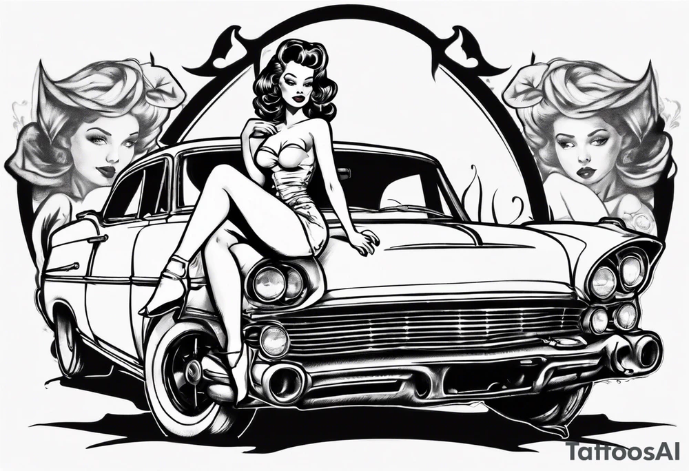 Topless pinup doll sitting on the hood of an old car tattoo idea