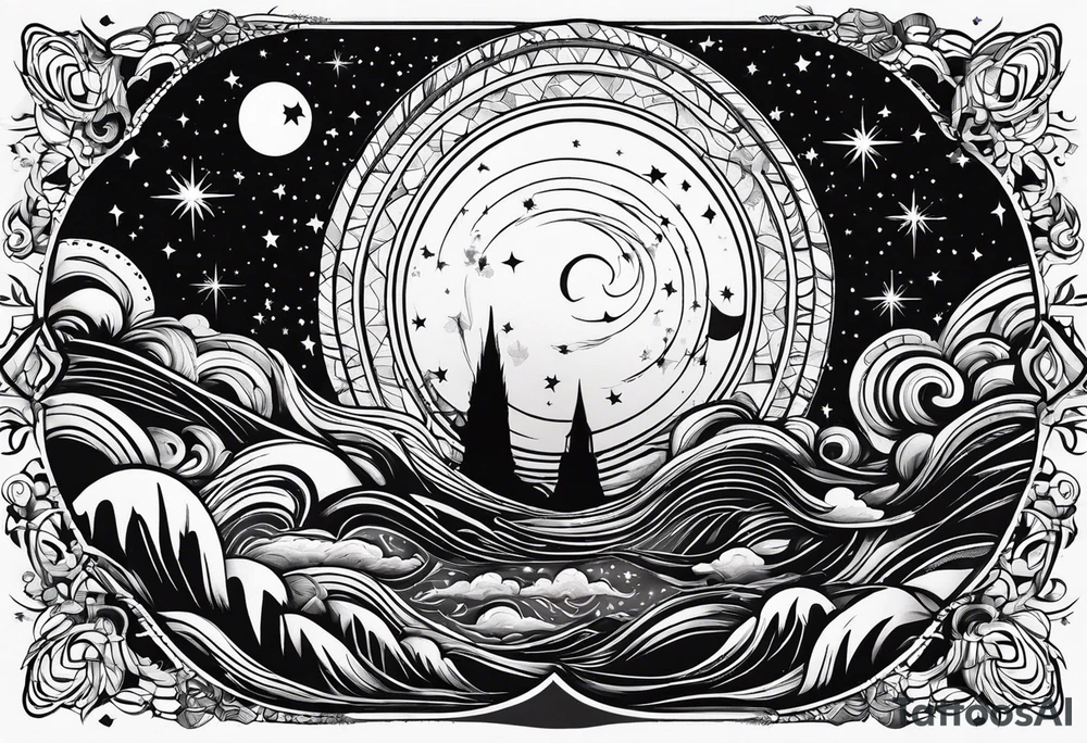 4 black figures looking up at the night sky tattoo idea