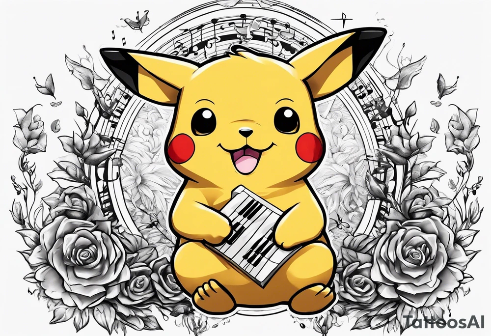 pickachu sitting on a lion listening to music with music notes and thinder bolts tattoo idea