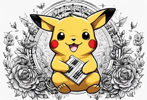 pickachu sitting on a lion listening to music with music notes and thinder bolts tattoo idea