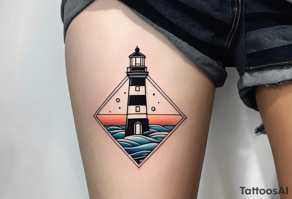 lighthouse very fine line and very delicate tattoo, geometric colored, bit not soo colored. also rough sea close to the lighthouse with a sunset tattoo idea
