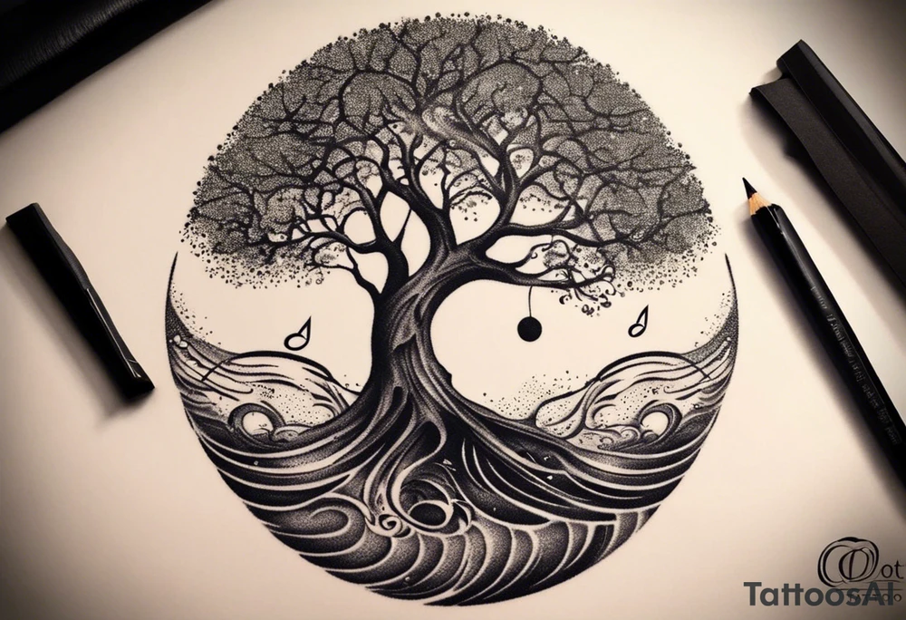A tattoo design that incorporates the following elements: an abstract tree of life that has roots emerging  from the ground. Waves of water encapsulate the tree and wind around it in an organic way.  Incorporate music.   the letters U and A are overlapping and engraved into the tree. a golf ball incorporated but not prominent. tattoo idea